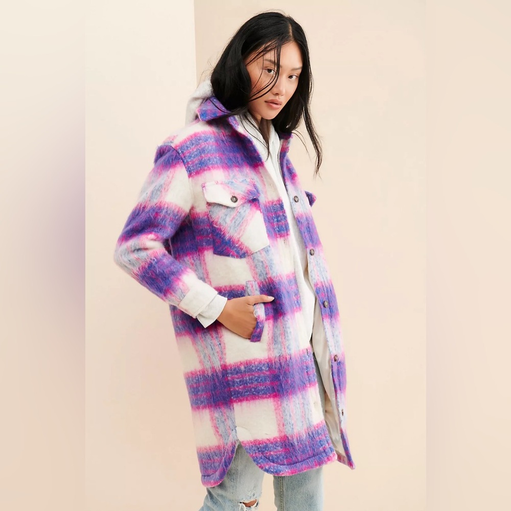 BlankNYC XS Prime Time Plaid Shirt Jacket Blue and Pink